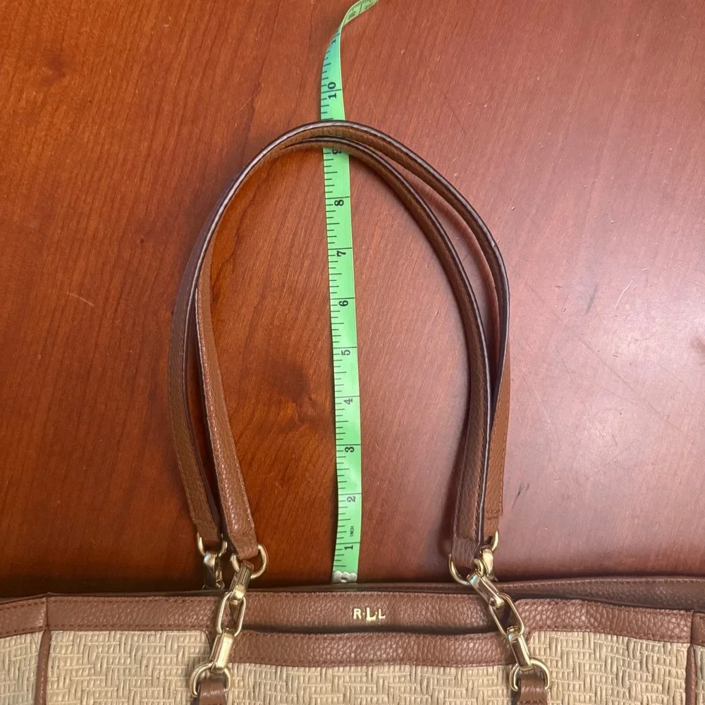 Ralph Lauren woven straw gold faux leather tote bag purse classic summer resort